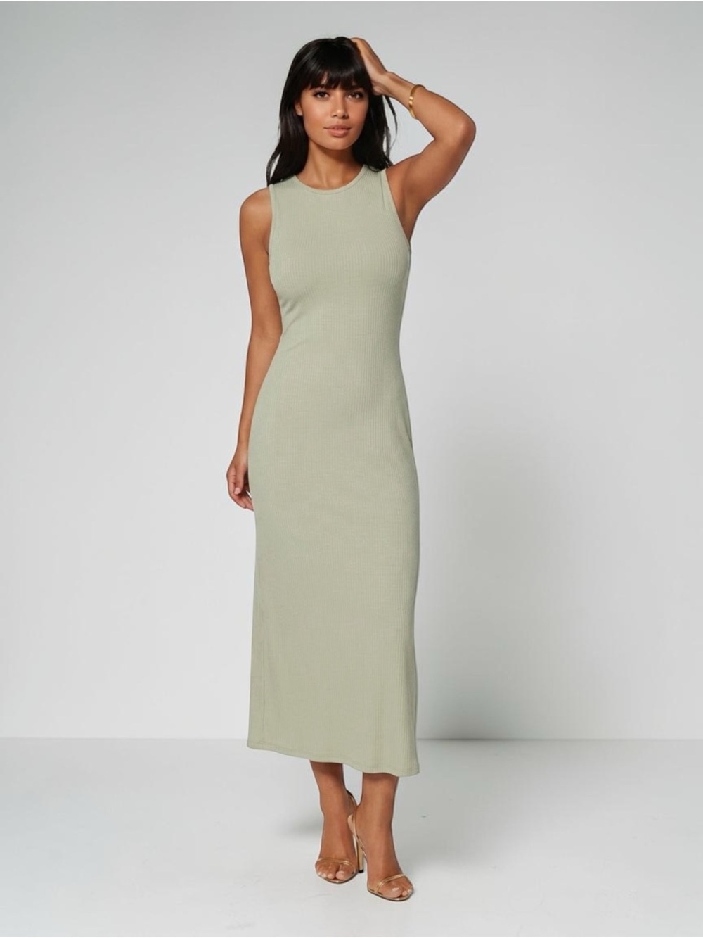 NWT Bebe Ribbed A-Line Maxi Tank Dress Light Olive Green M - Picture 2 of 14